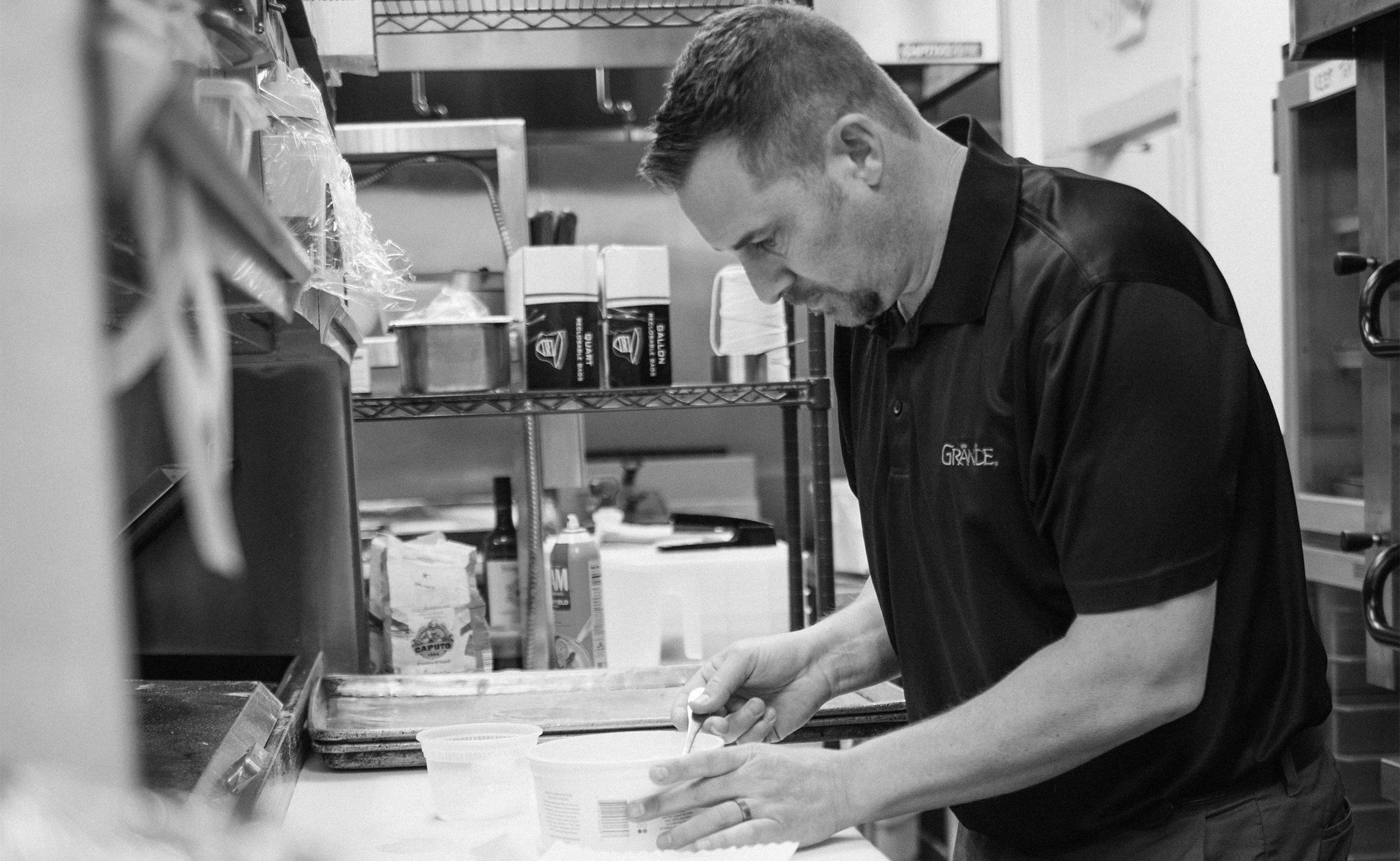 sales associate in kitchen